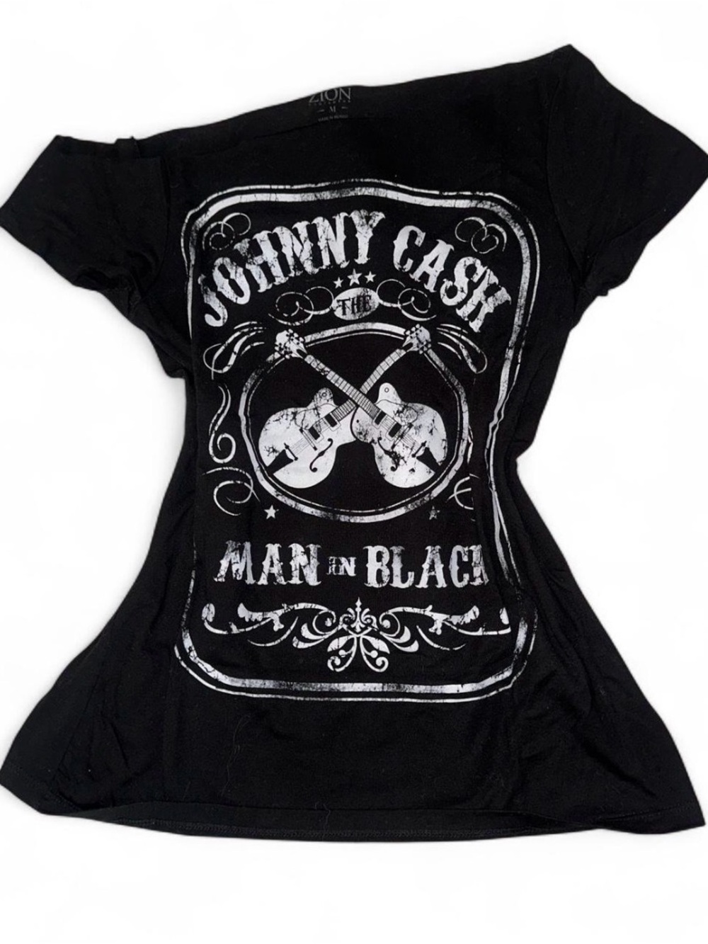 Johnny Cash 'Man in Black' Graphic Tee - Black Cropped Off Shoulder Medium